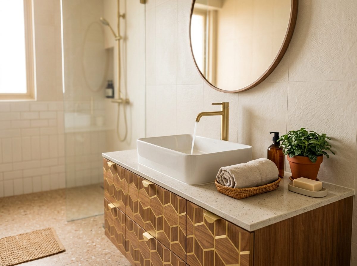 A warm, modern Singapore home bathroom with a countertop wash basin, tall gold mixer tap, round wall mirror and wood vanity cabinet