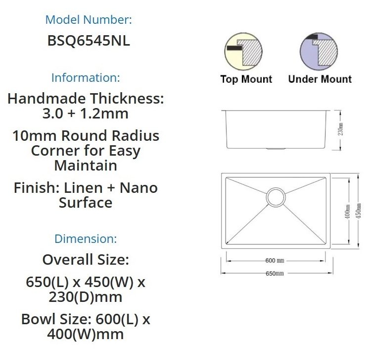 BOSHSINI Stainless Steel Kitchen Sink BSQ 6545NL view 2