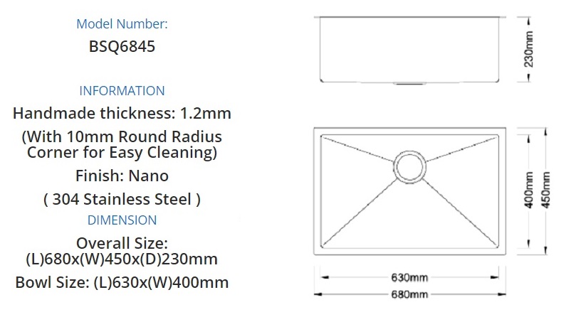 BOSHSINI Nano Kitchen Sink BSQ-6845 view 2