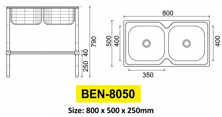 COSTA BEN-8050 Two Bowls Freestanding Kitchen Sink With Shelf view 2