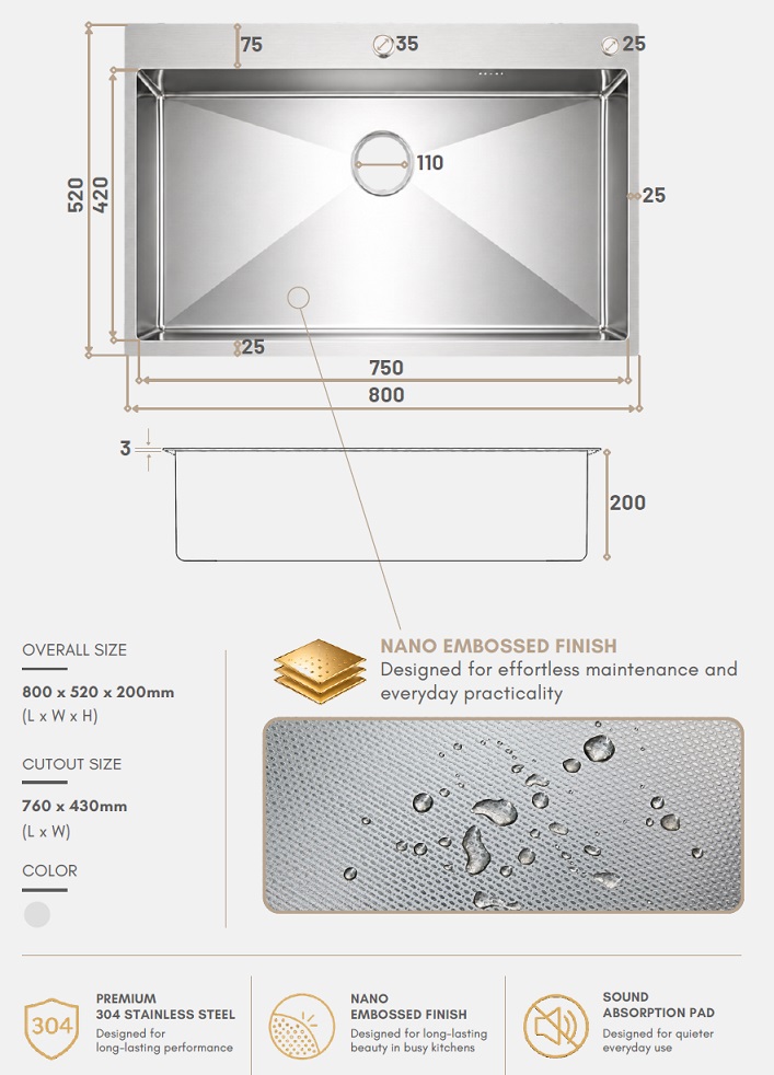 BATHAR 800mm Stainless Steel Kitchen Sink KS-8052SS view 6