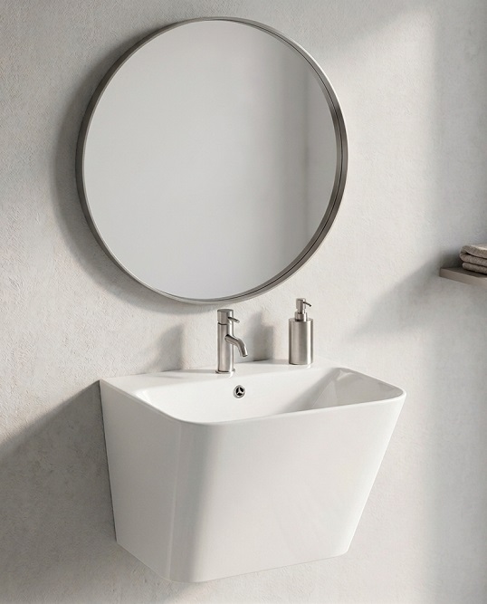 Wall-hung basin paired with a round mirror above for storage