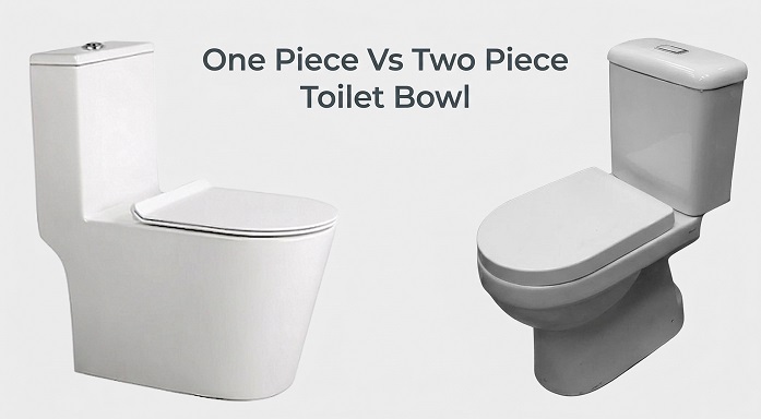One-piece toilet bowl beside a two-piece close-coupled toilet bowl