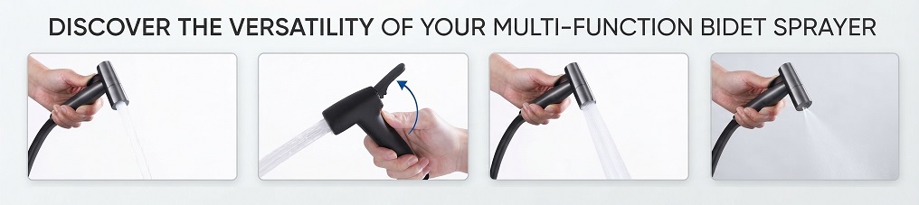 Hand using a multi-function bidet spray showing different spray modes and the trigger