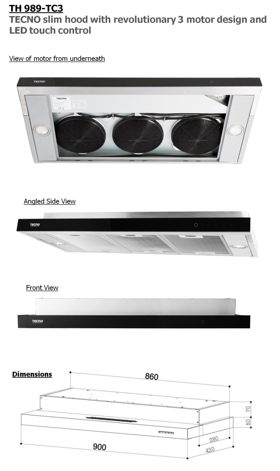 TECNO Slim Cooker Hood With 3 Motors TH989-TC3