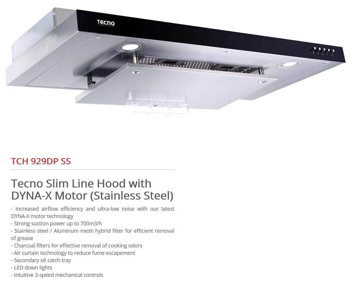 TECNO DYNA-X TCH-929DP SS Built-In Stainless Steel Color Cooker Hood