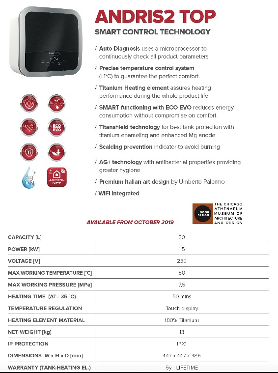 ARISTON Andris2 TOP Storage Water Heater - 30 Litres view 4