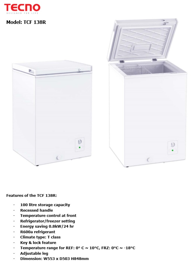 TECNO 2 in 1 Chest Freezer TCF-138R - Refrigerator & Freezer Switch