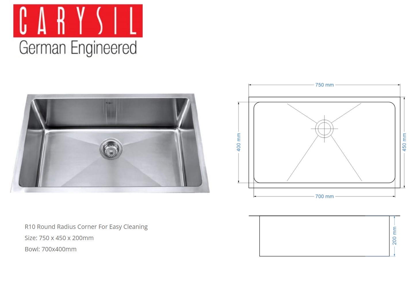CARYSIL RXQ-750 Stainless Steel Undermount Kitchen Sink