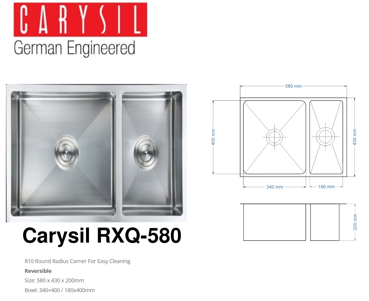 CARYSIL RXQ-580 Stainless Steel Under Mount Kitchen Sink