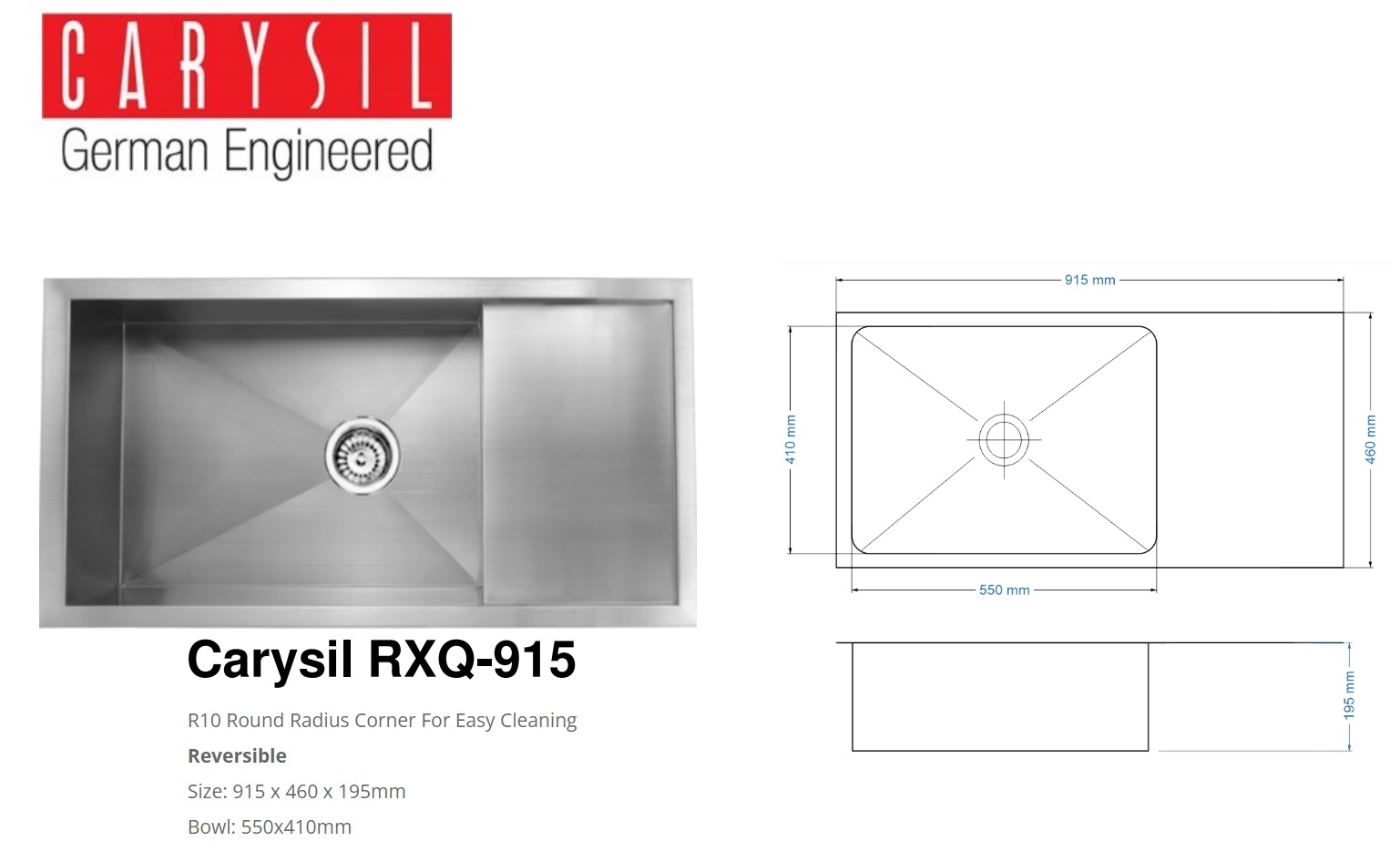 CARYSIL RXQ-915 Stainless Steel Under Mount Kitchen Sink With Drainer