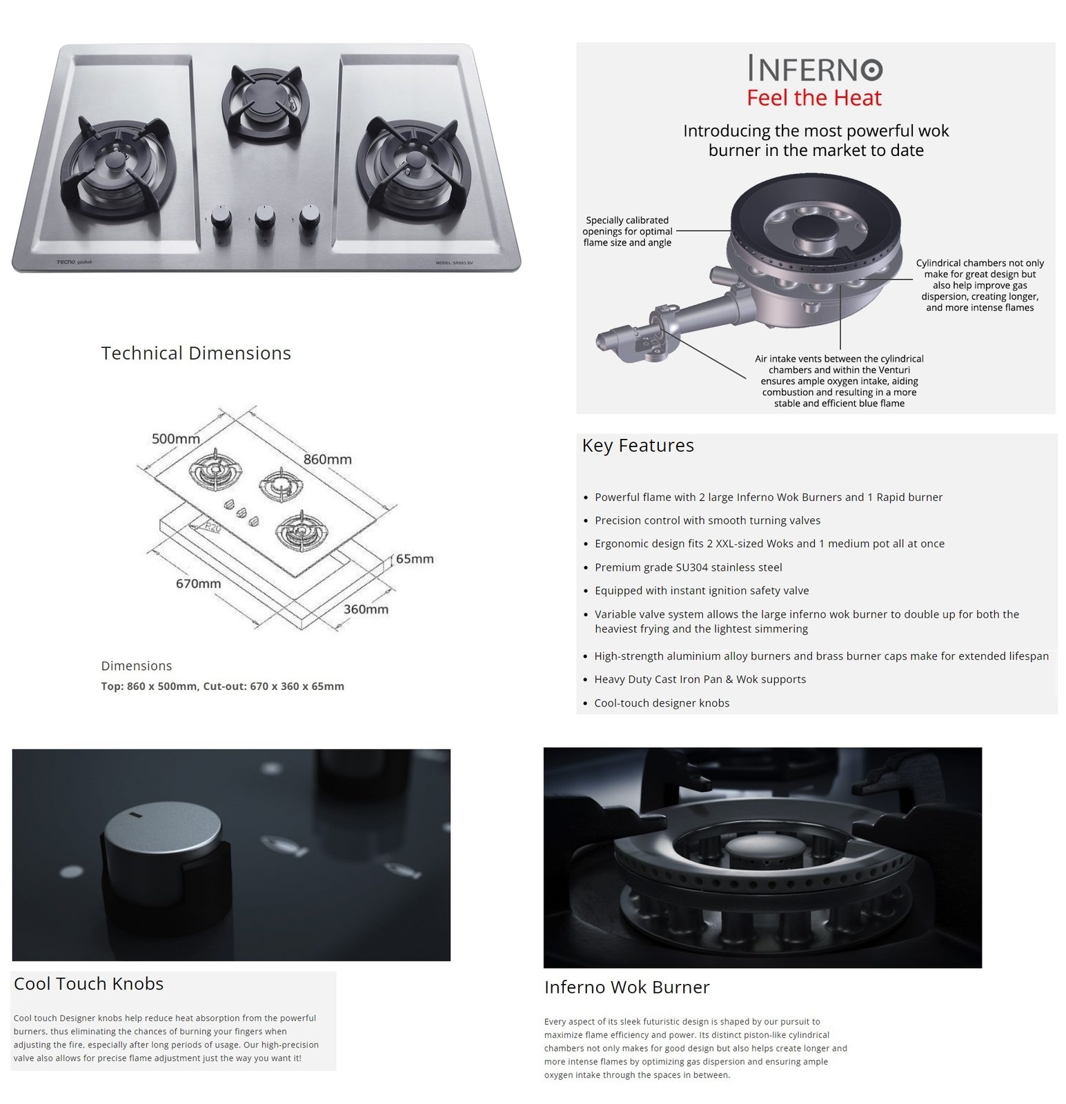 TECNO 3-Burner Stainless Steel Cooker Hob SR 883SV