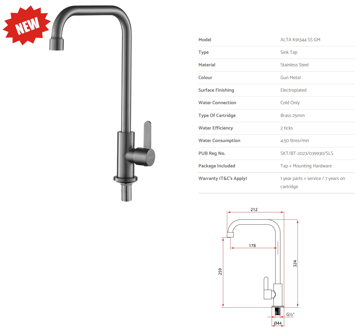 RUBINE Stainless Steel Kitchen Sink Cold Tap - K91344 SS GM