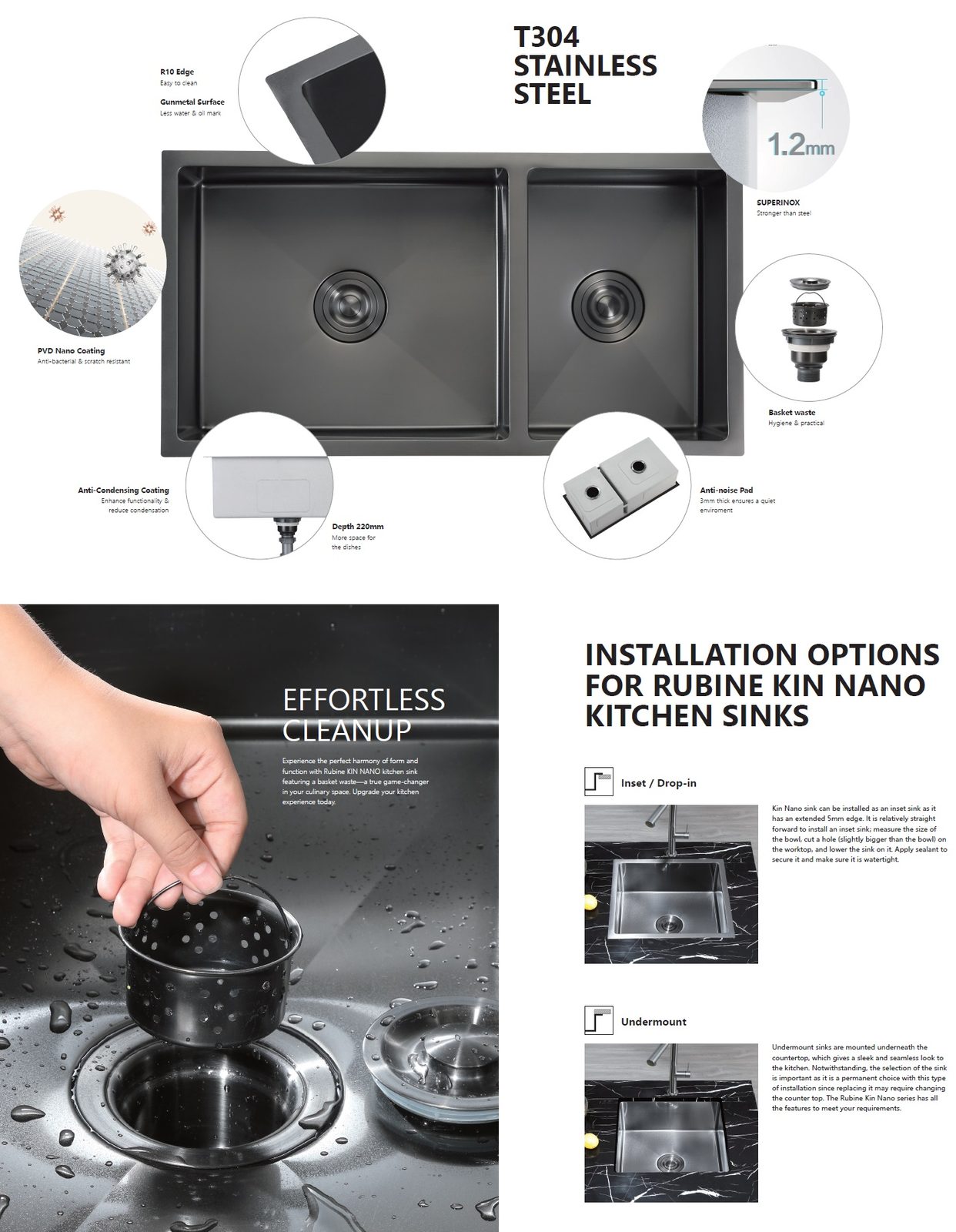 RUBINE Stainless Steel Nano Kitchen Sink - KNX 810-48U-GM view 2
