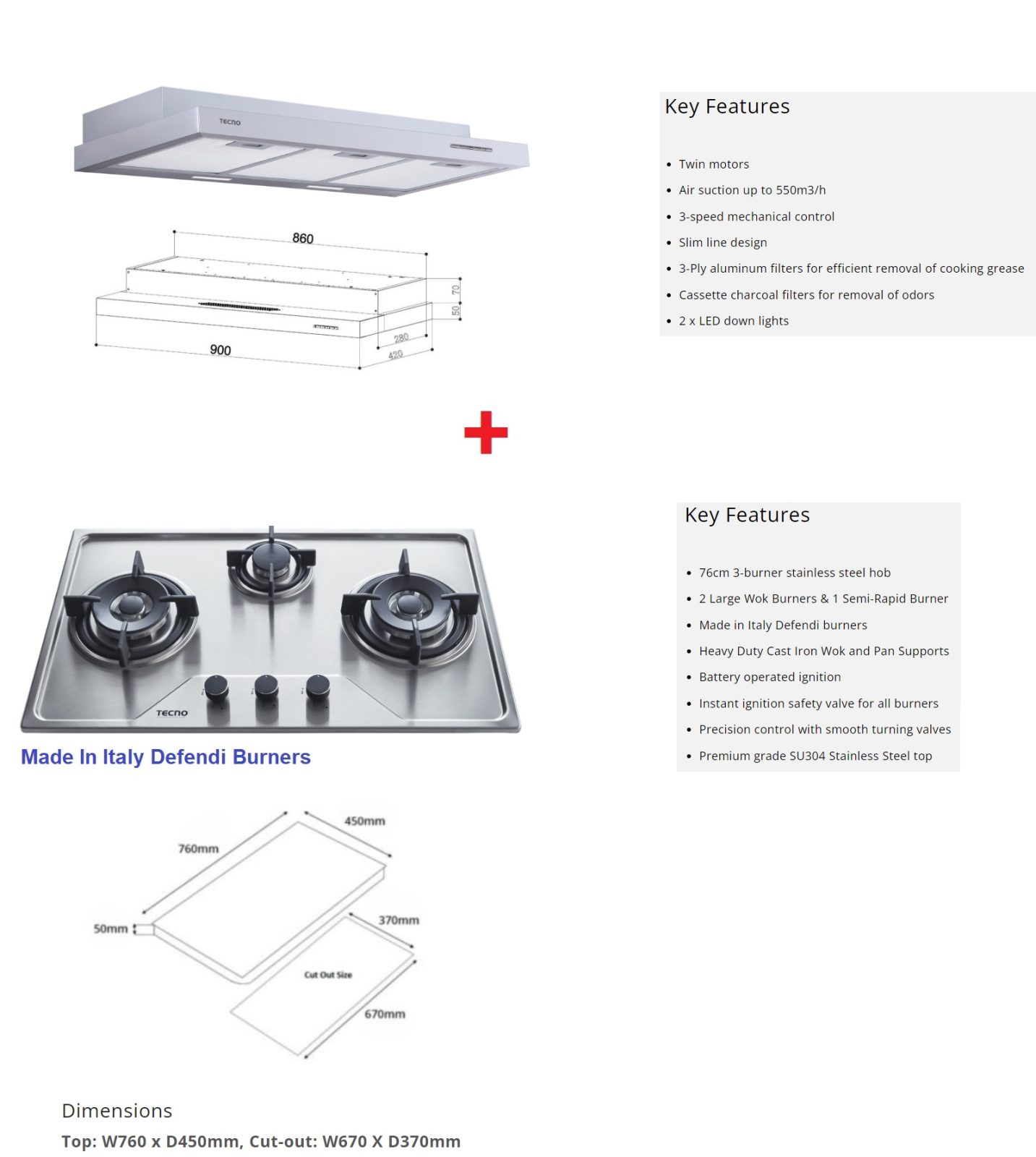 TECNO Cooker Hob + Cooker Hood Bundle Offer - Stainless Steel Series