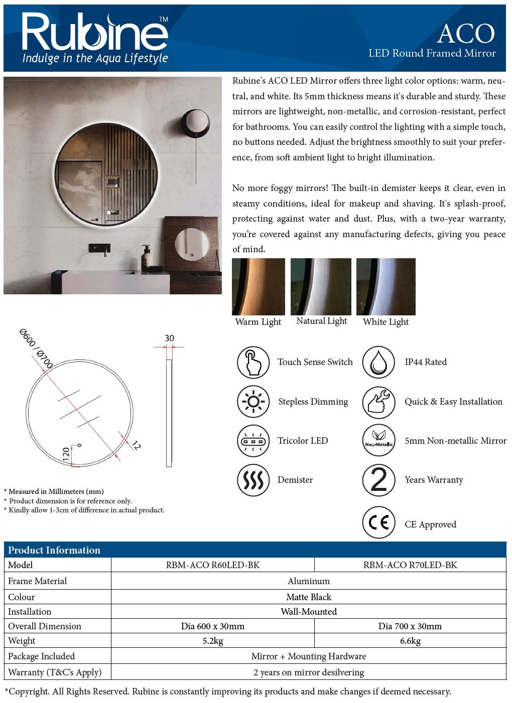 RUBINE RBM-ACO-R60LED-BK Wall Mirror With LED Light view 2