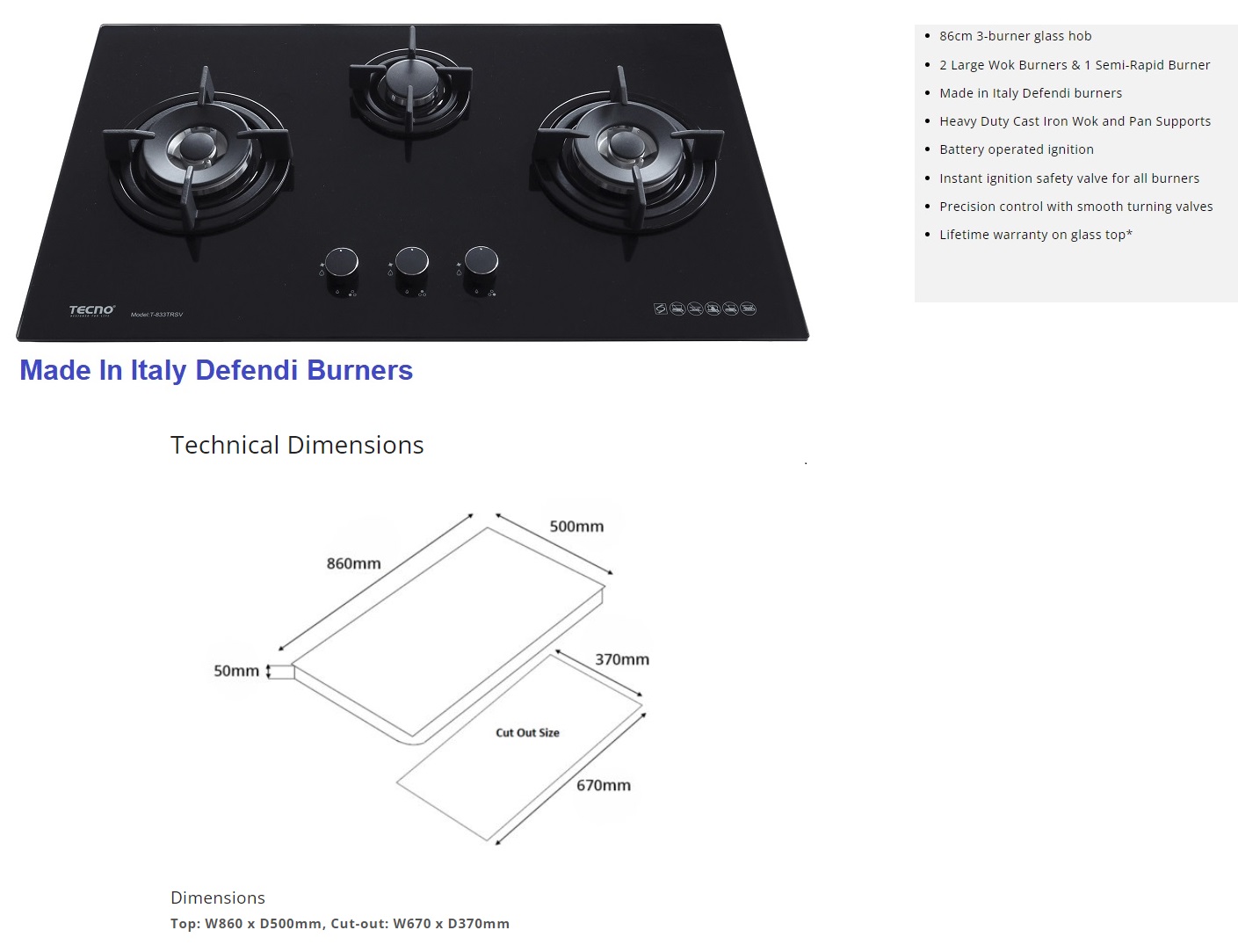 TECNO 3-Burner Glass Hob T 833TRSV
