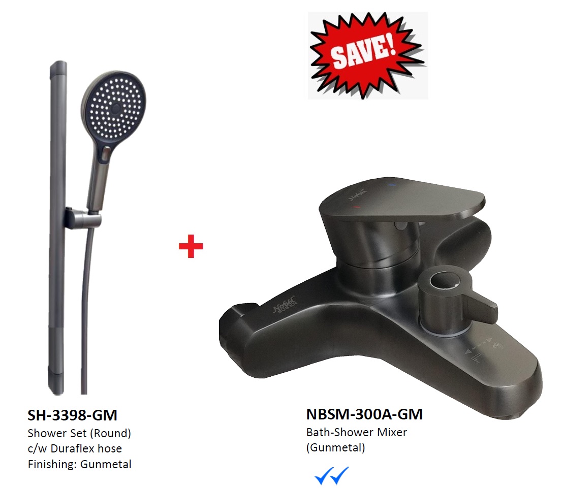 NOBEL Shower Set Bundle With Bath Mixer - Gun Metal Colour