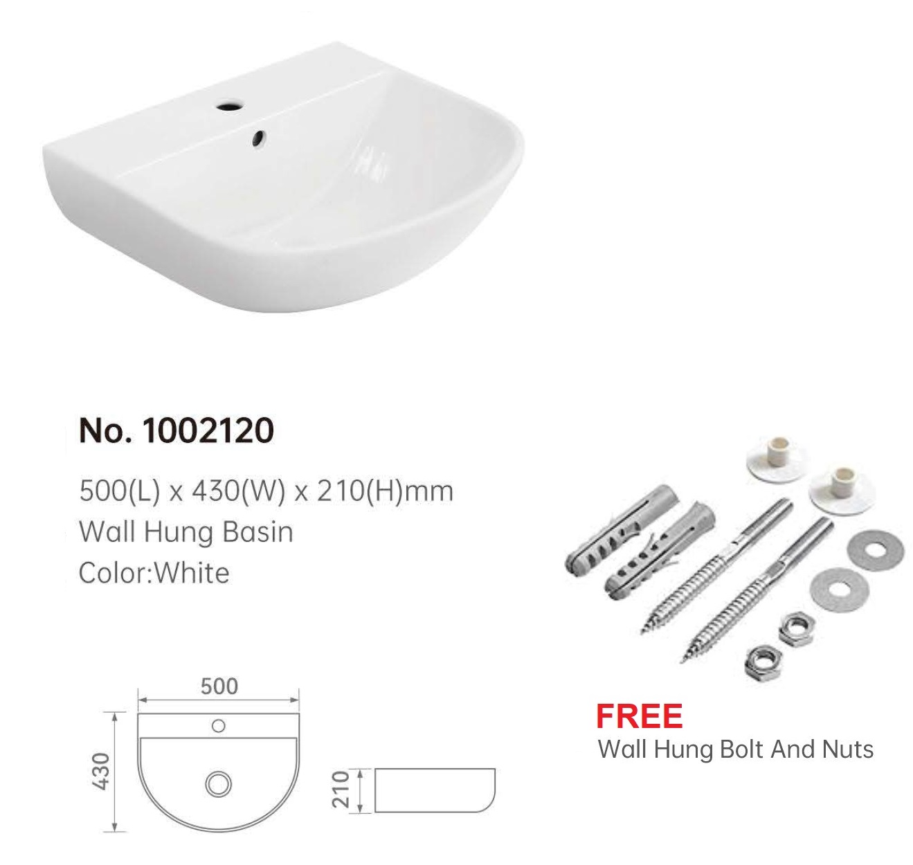 500mm Wall Hung Wash Basin