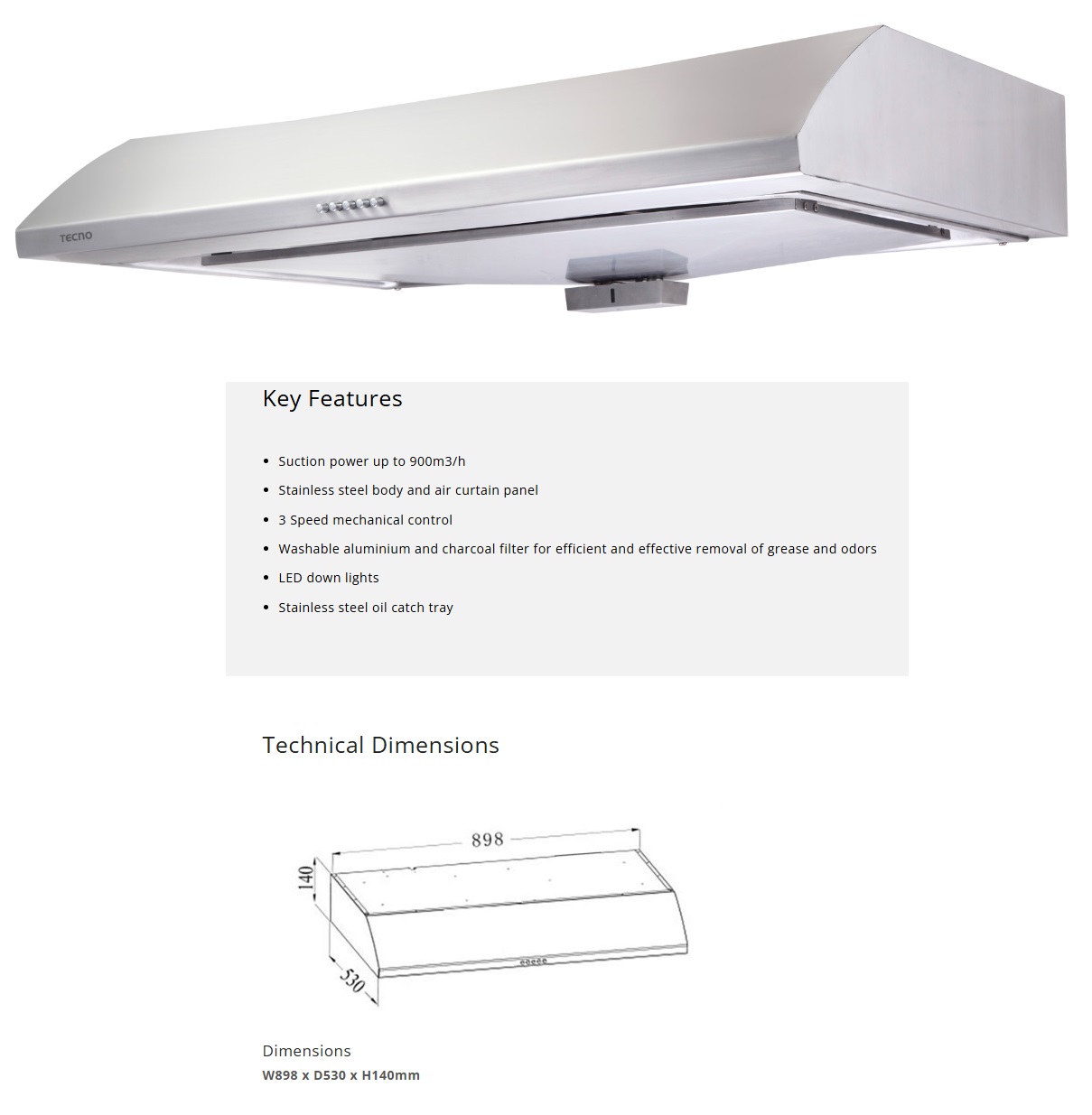 TECNO Stainless Steel Cook Hood TH 999D