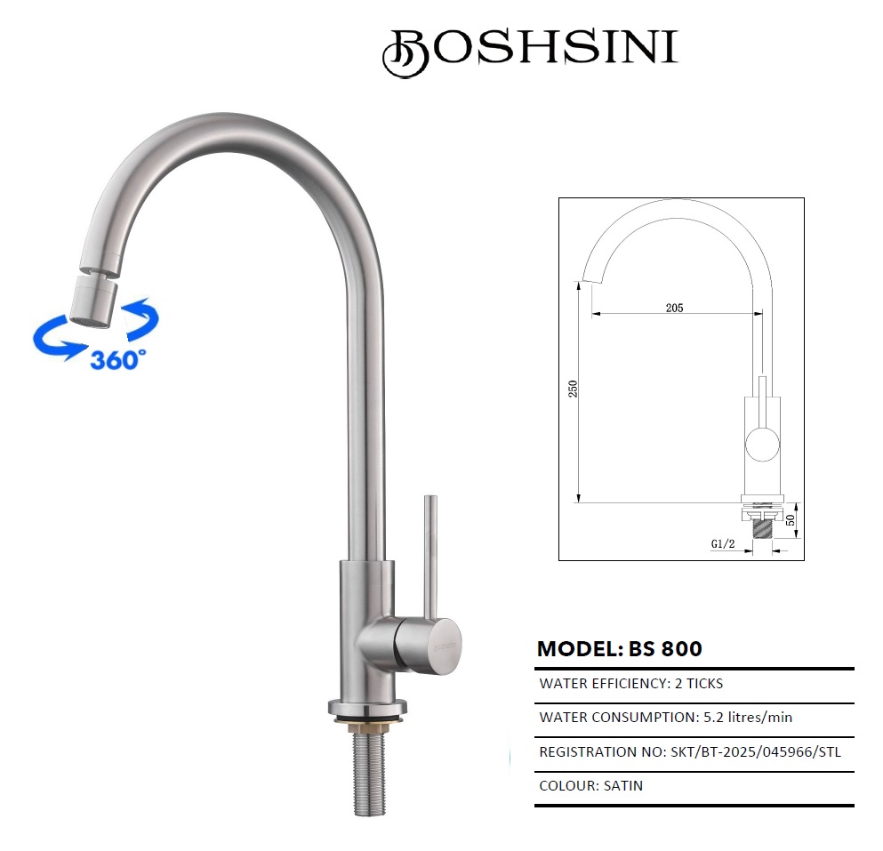 BOSHSINI Stainless Steel Kitchen Sink Cold Water Tap - BS 800
