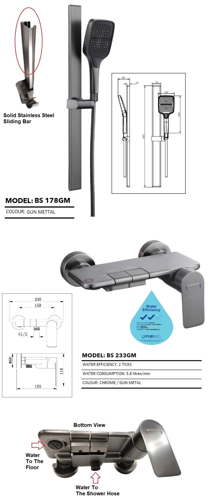 BOSHSINI Bathroom Shower Set Bundle With Bath Mixer BS-233GM PLUS view 2