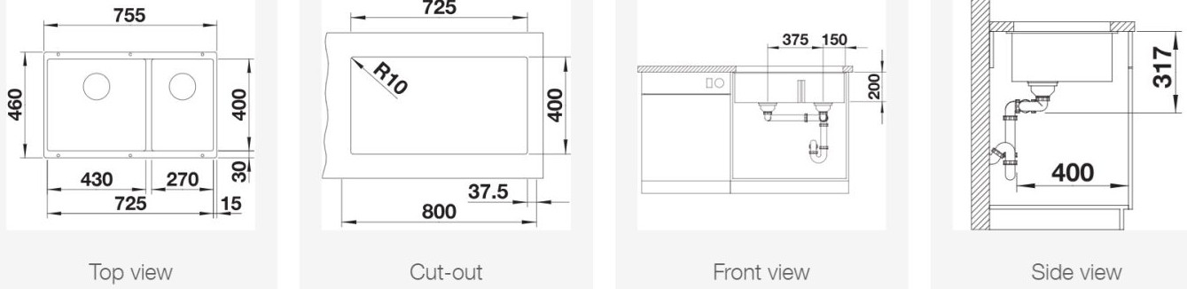 BLANCO SUBLINE 430/270-U Undermount Kitchen Sink view 3