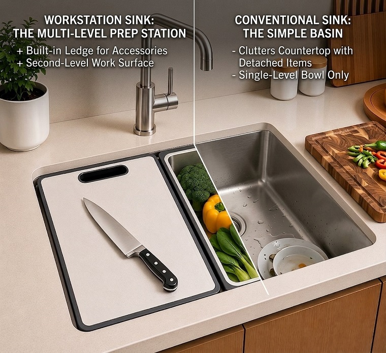 A workstation kitchen sink compared with a conventional single-bowl sink