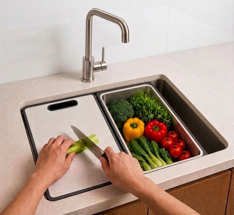 Workstation kitchen sink with a cutting board and a colander of chopped vegetables over the bowl